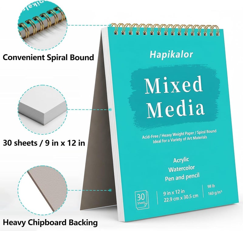 Hapikalor Sketch Book Mixed Media Pad, 2-Pack 9" x 12" Top Spiral Bound Sketch Pad, 30 Sheets 98lb/160gsm Acid-Free Drawing Paper, Art Supplies Sketchbook for Drawing, Sketching - Image 2